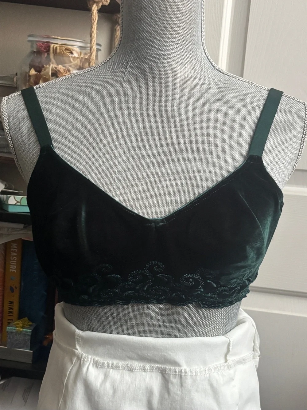 Velvet Lace-Trim Bralette - Dark Green